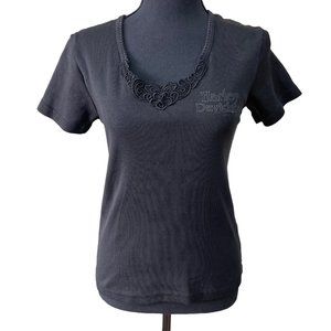 Harley Davidson Y2K VTG Black Stretchy Lace Trim V-Neck short Sleeve Top Medium